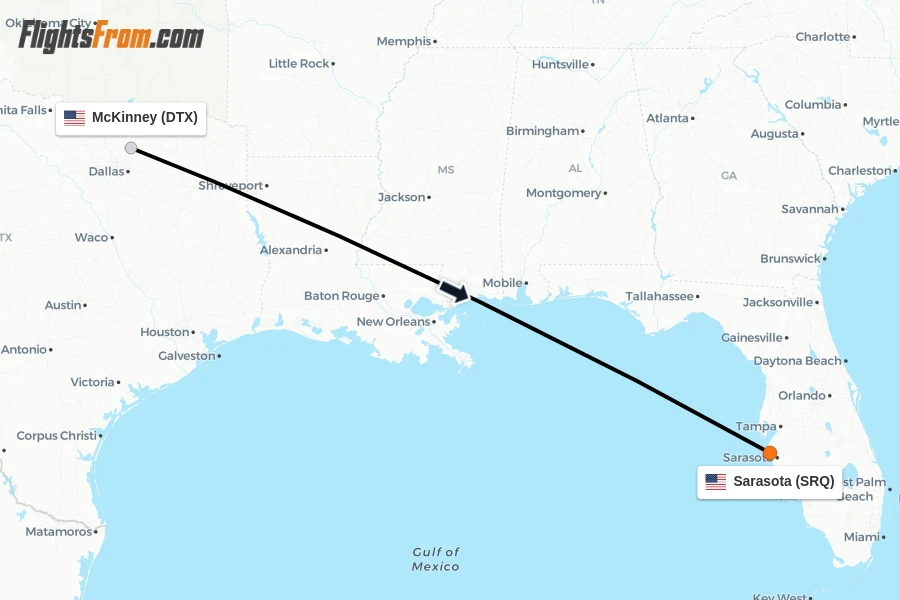 Flights from McKinney to Sarasota route map