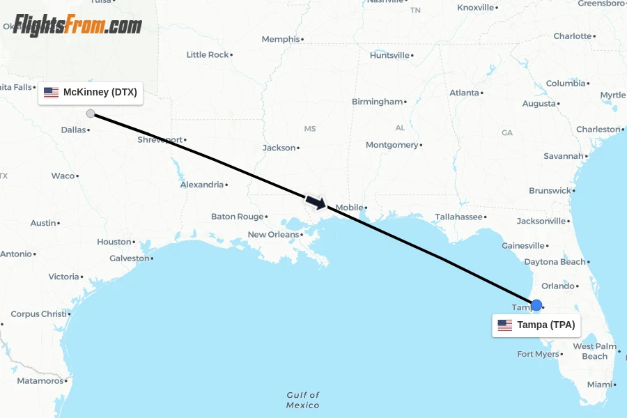 Flights from McKinney to Tampa route map