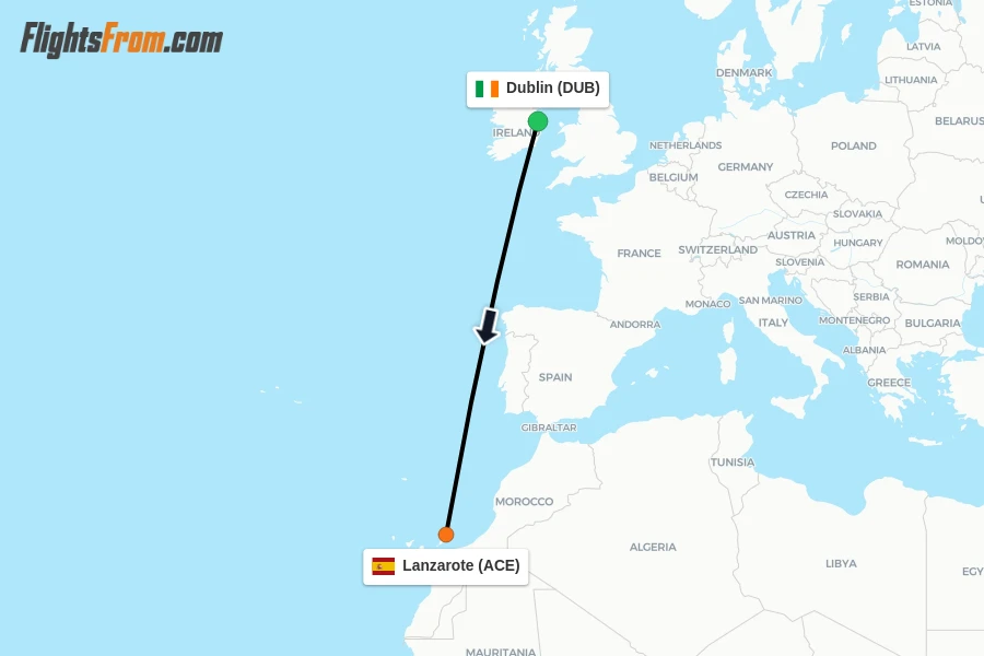 Flights from Dublin to Lanzarote route map