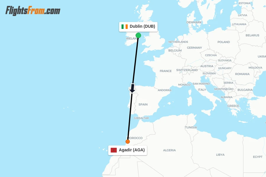 Flights from Dublin to Agadir route map