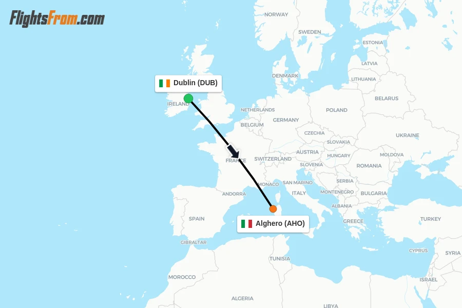 Flights from Dublin to Alghero route map