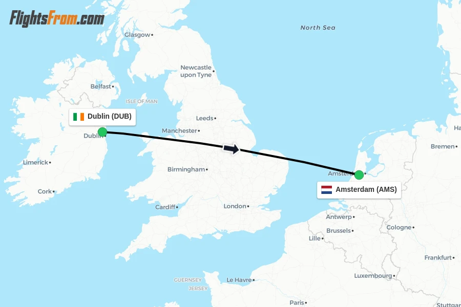 Flights from Dublin to Amsterdam route map