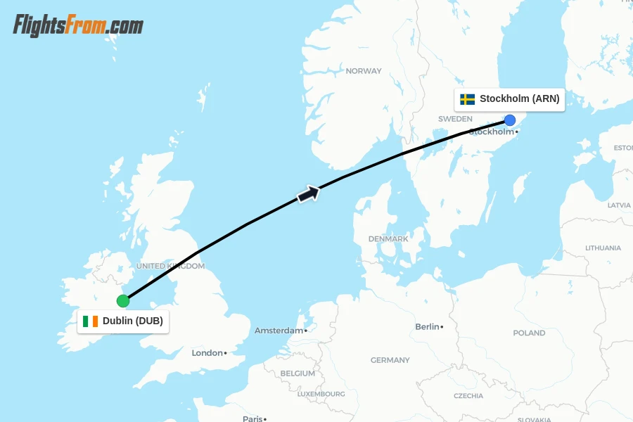 Flights from Dublin to Stockholm route map