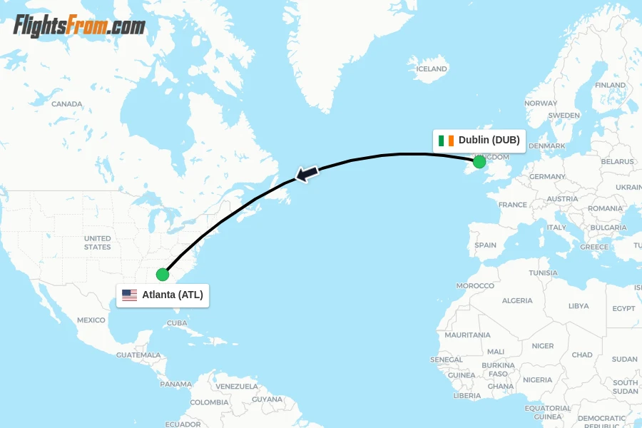 Flights from Dublin to Atlanta route map