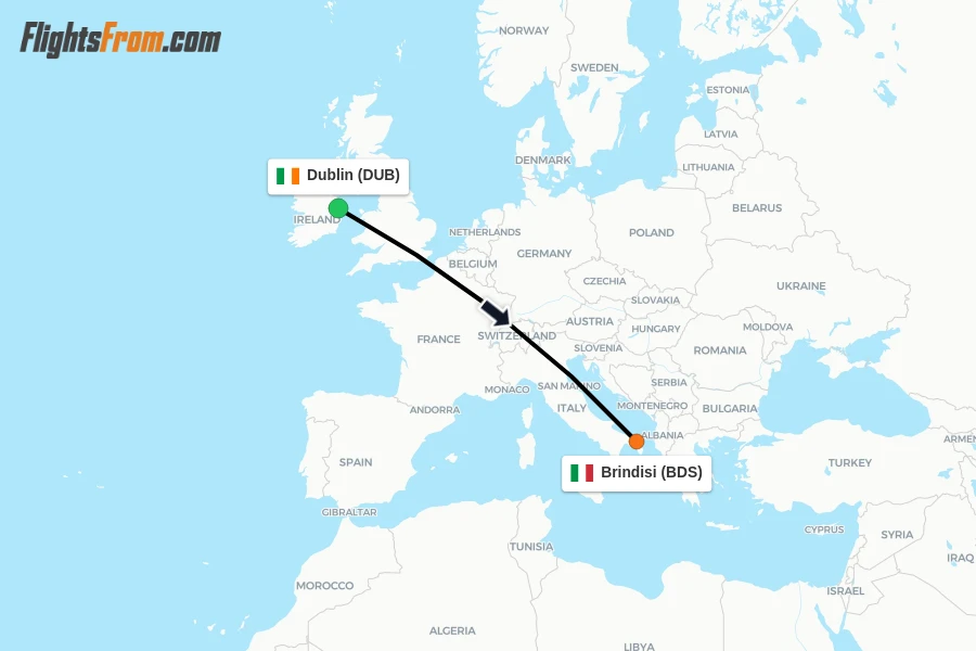 Flights from Dublin to Brindisi route map