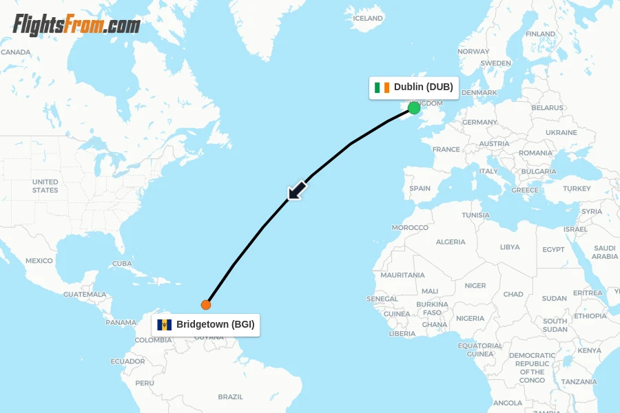 Flights from Dublin to Bridgetown route map