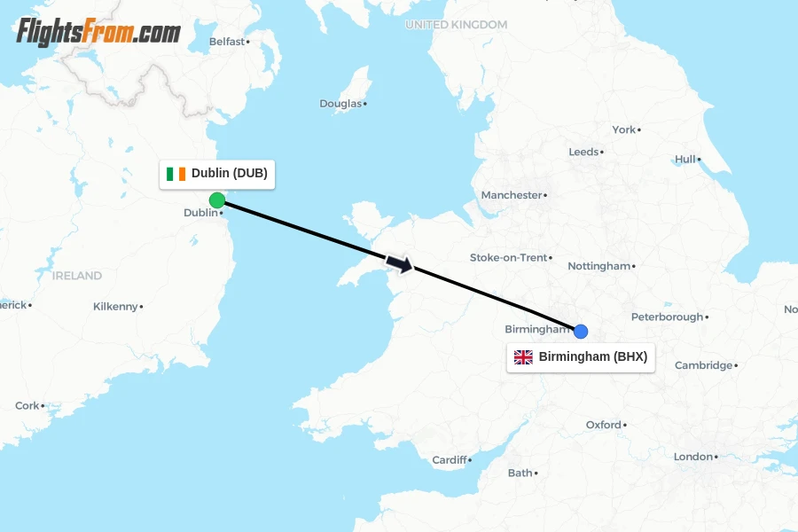 Flights from Dublin to Birmingham route map