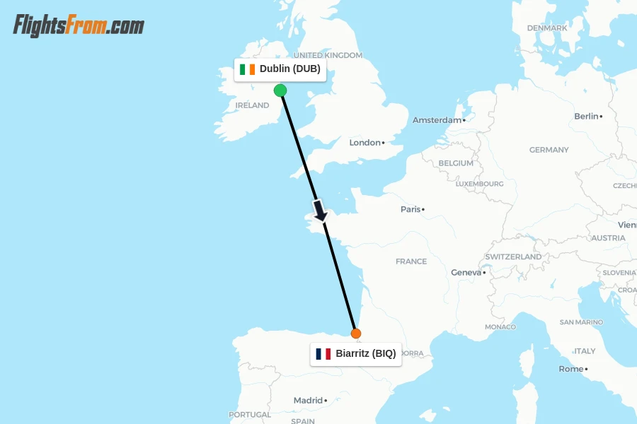 Flights from Dublin to Biarritz route map