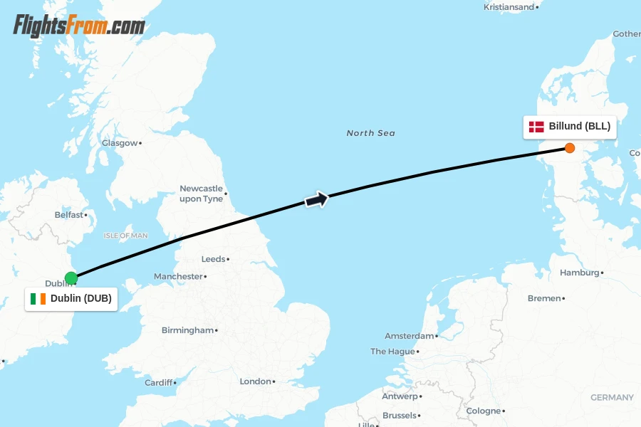 Flights from Dublin to Billund route map