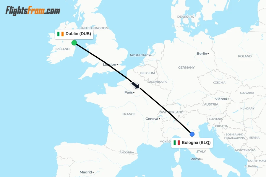 Flights from Dublin to Bologna route map
