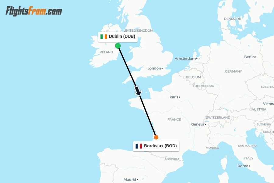 Flights from Dublin to Bordeaux route map