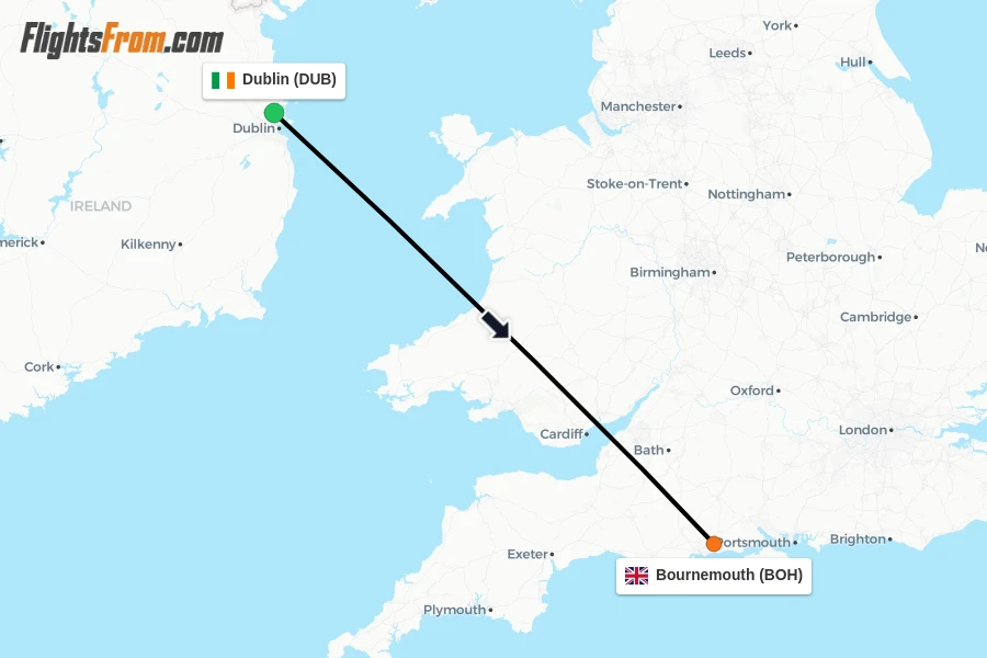 Flights from Dublin to Bournemouth route map