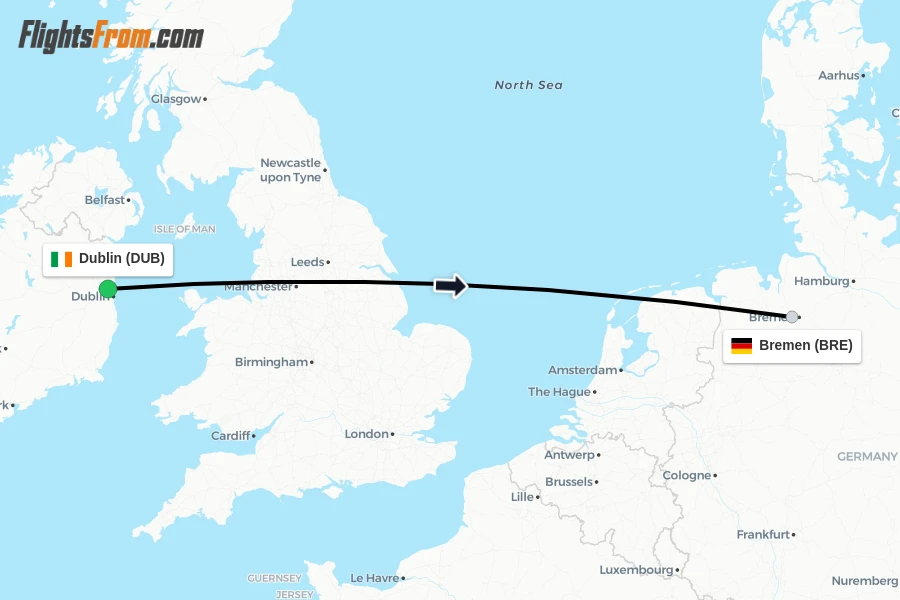 Flights from Dublin to Bremen route map