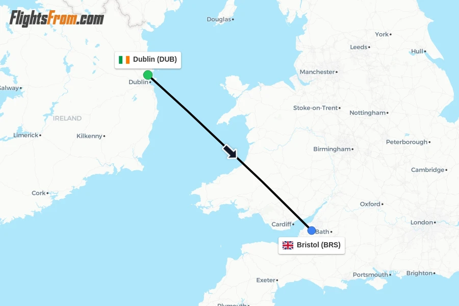 Flights from Dublin to Bristol route map