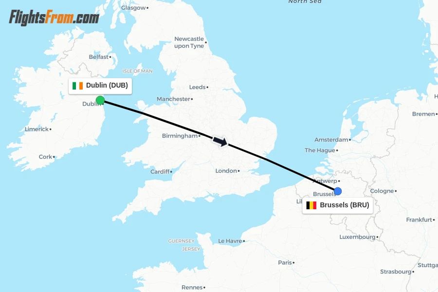 Flights from Dublin to Brussels route map