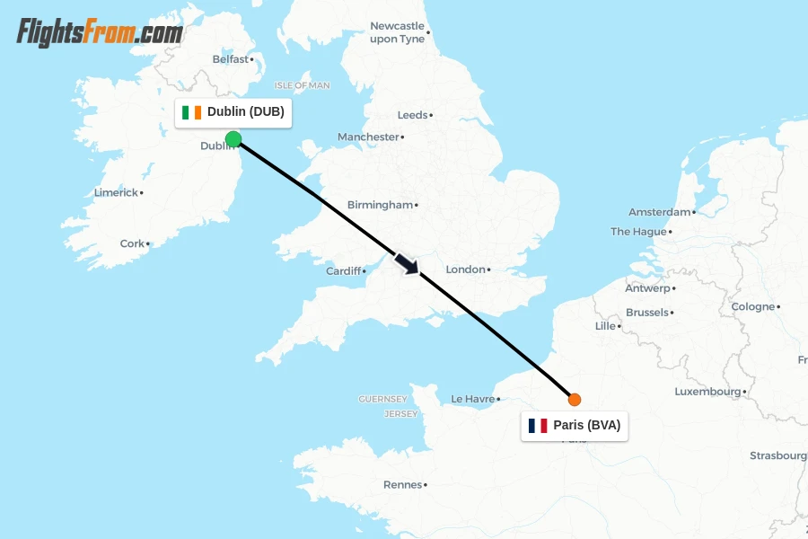 Flights from Dublin to Paris route map