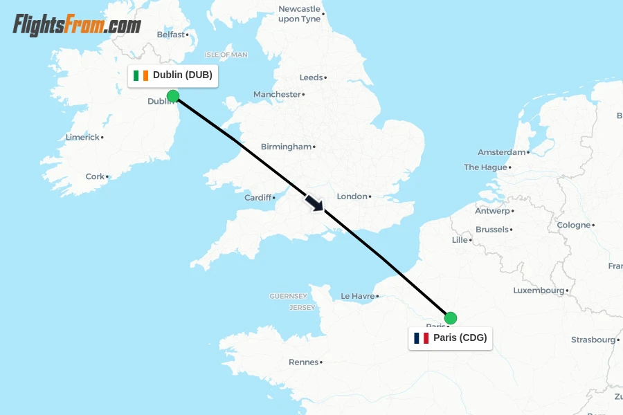 Flights from Dublin to Paris route map