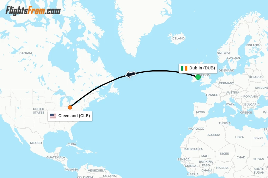 Flights from Dublin to Cleveland route map