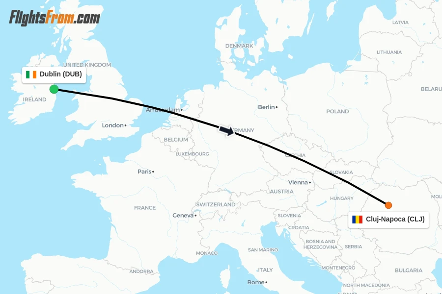 Flights from Dublin to Cluj-Napoca route map