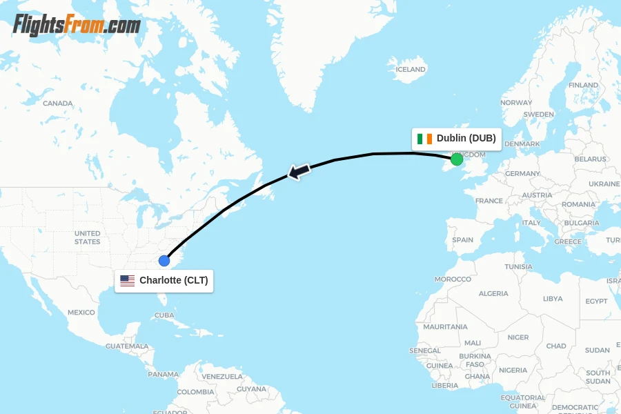 Flights from Dublin to Charlotte route map