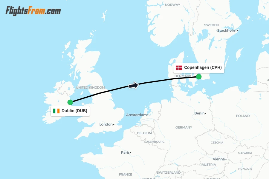 Flights from Dublin to Copenhagen route map