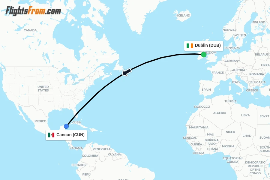 Flights from Dublin to Cancun route map