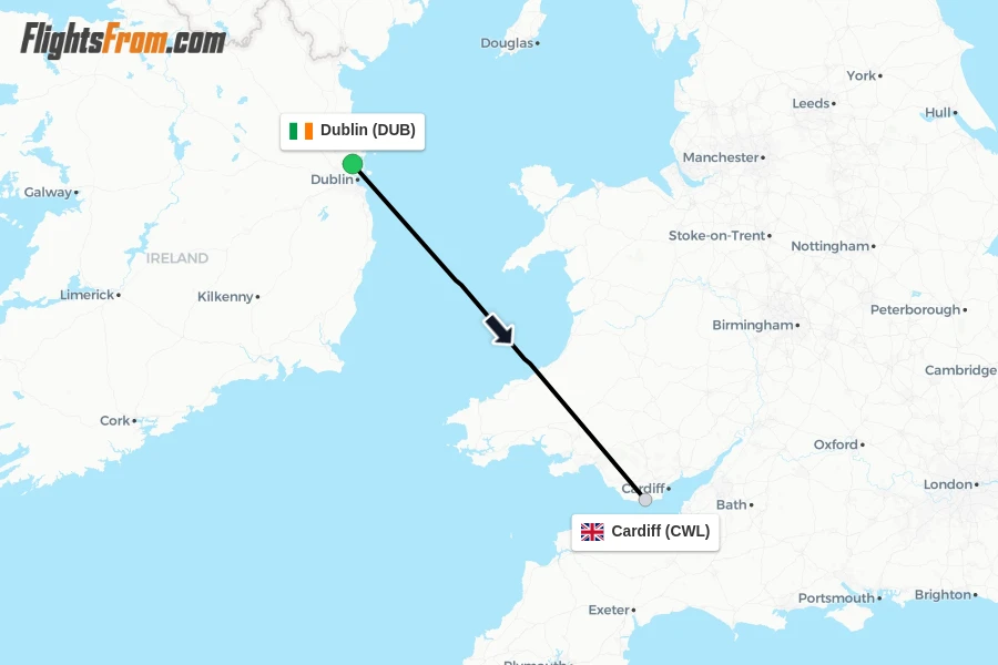 Flights from Dublin to Cardiff route map