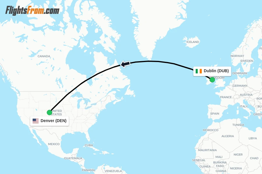 Flights from Dublin to Denver route map