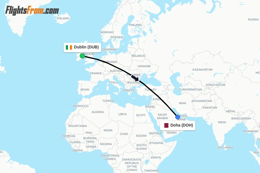 Flights from Dublin to Doha route map