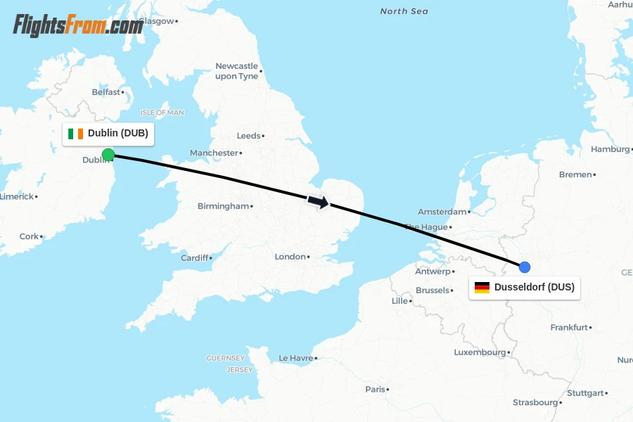 Flights from Dublin to Dusseldorf route map