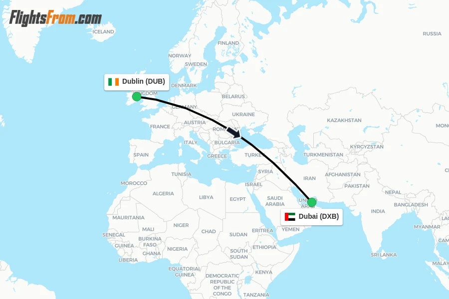 Flights from Dublin to Dubai route map