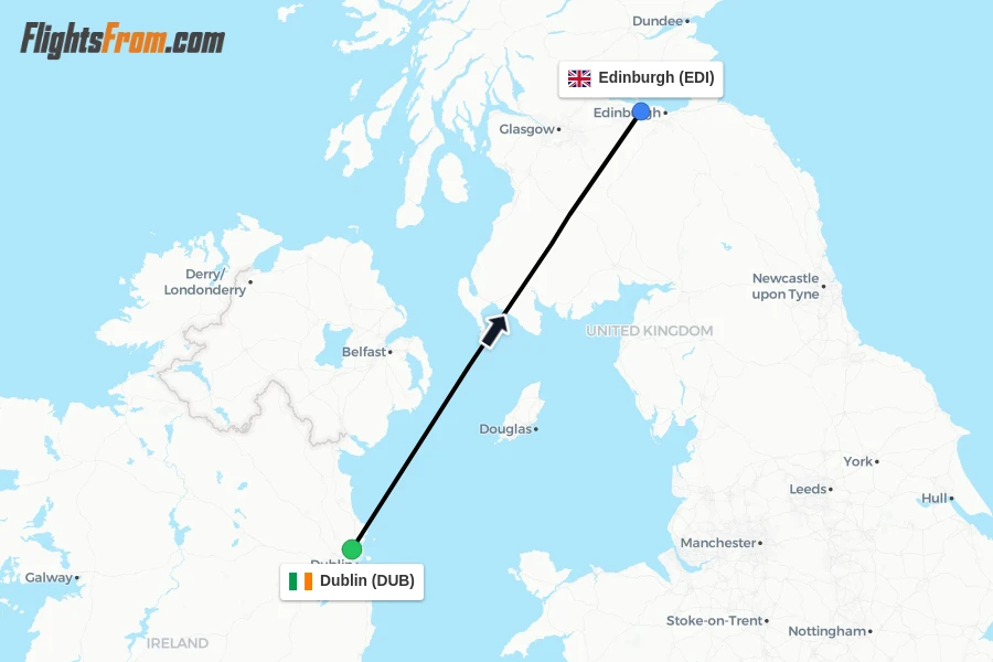 Flights from Dublin to Edinburgh route map