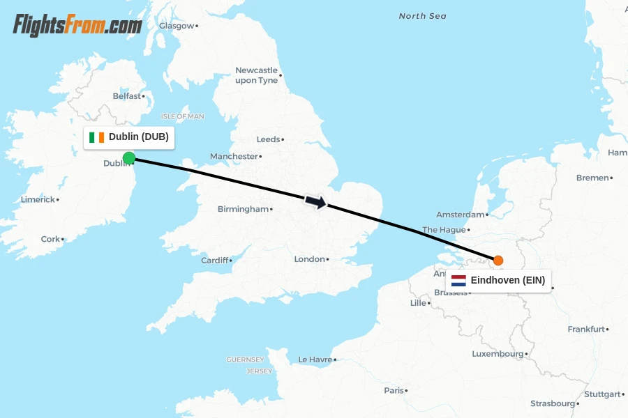 Flights from Dublin to Eindhoven route map