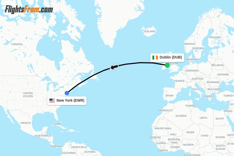 Flights from Dublin to New York route map