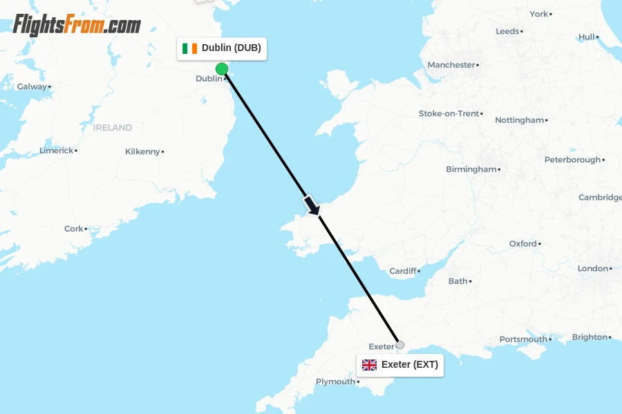 Flights from Dublin to Exeter route map