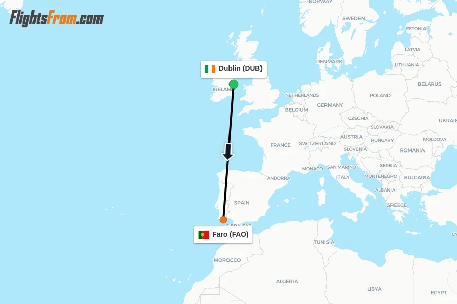 Flights from Dublin to Faro route map