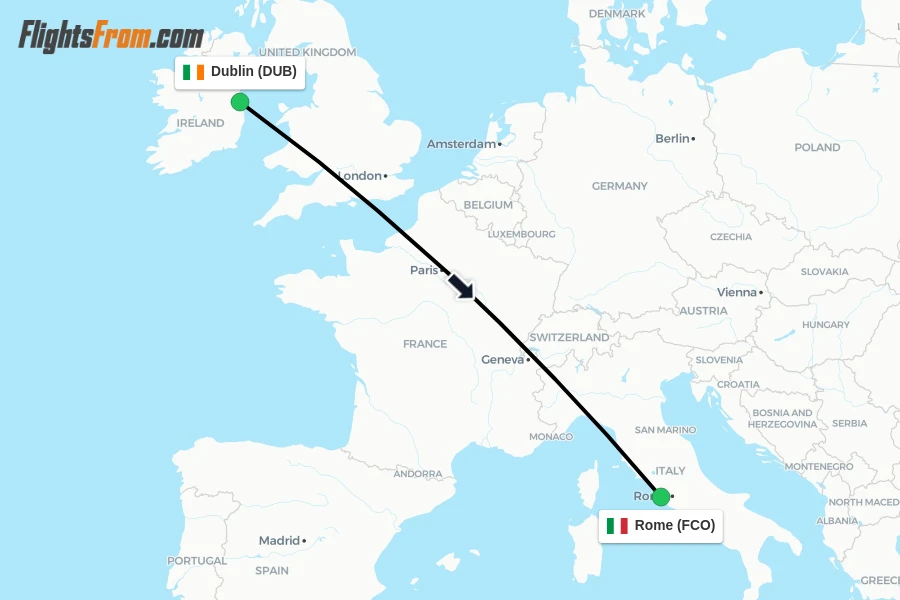 Flights from Dublin to Rome route map