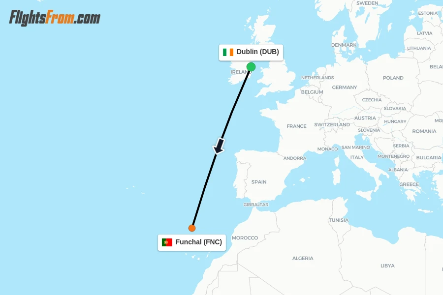 Flights from Dublin to Funchal route map
