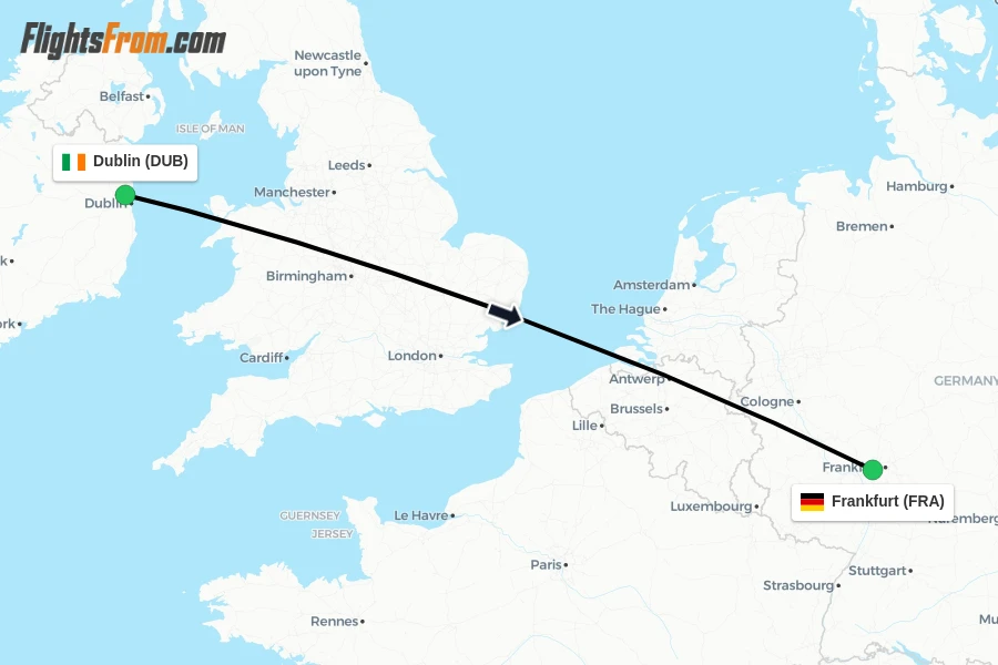 Flights from Dublin to Frankfurt route map