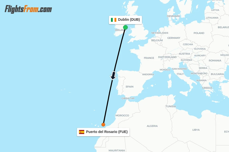Flights from Dublin to Puerto del Rosario route map