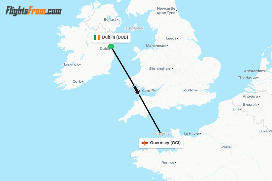 Flights from Dublin to Guernsey route map