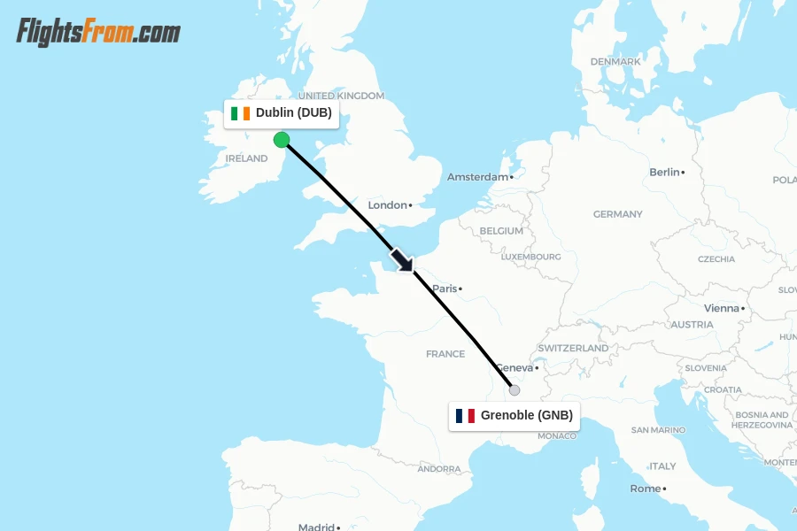Flights from Dublin to Grenoble route map