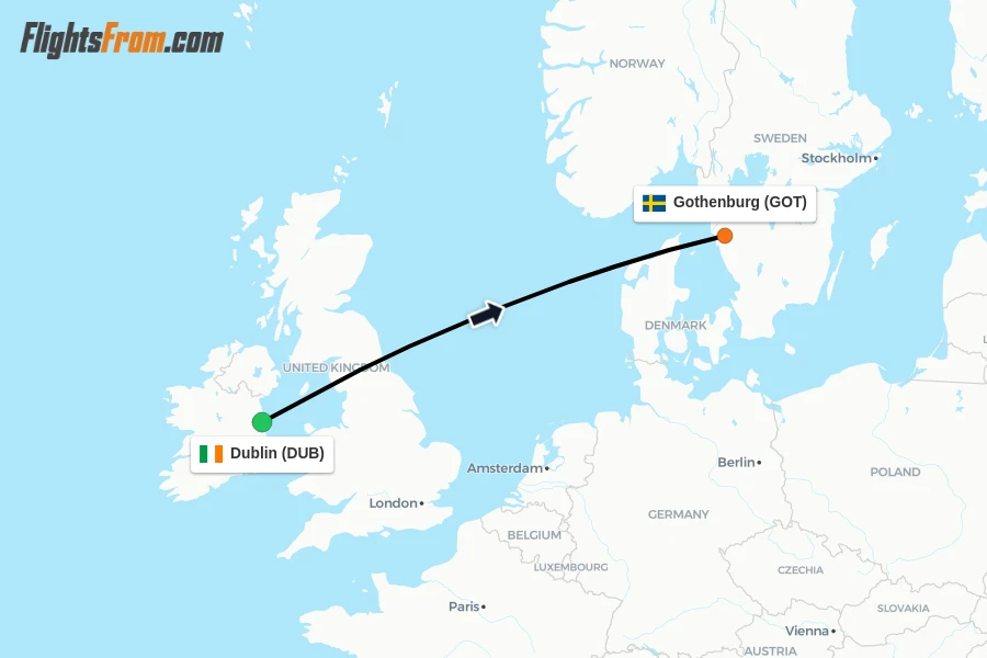 Flights from Dublin to Gothenburg route map