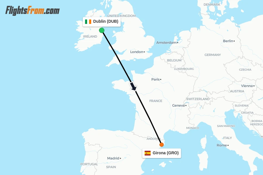 Flights from Dublin to Girona route map