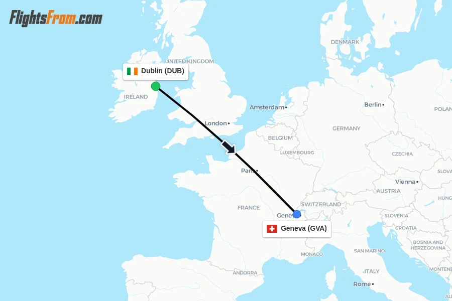 Flights from Dublin to Geneva route map