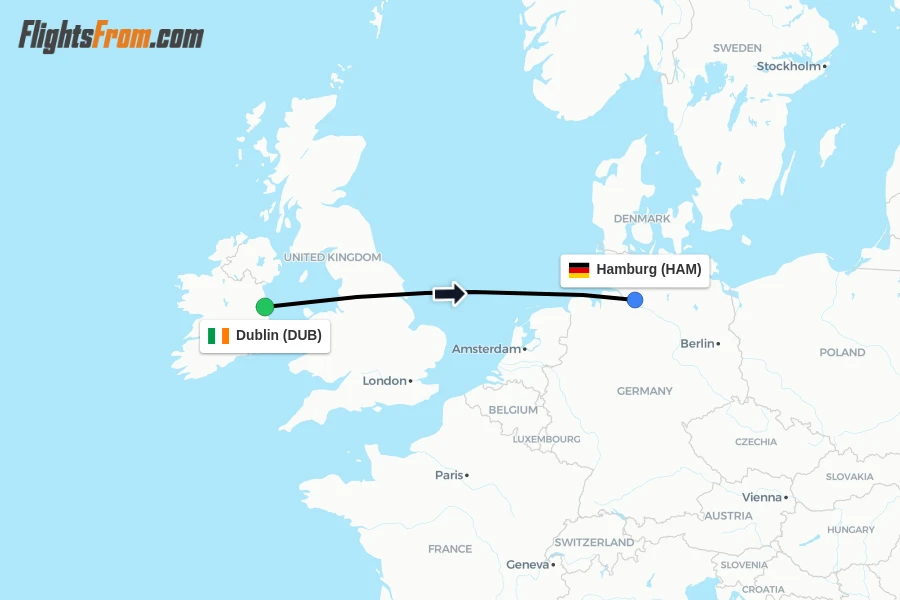 Flights from Dublin to Hamburg route map