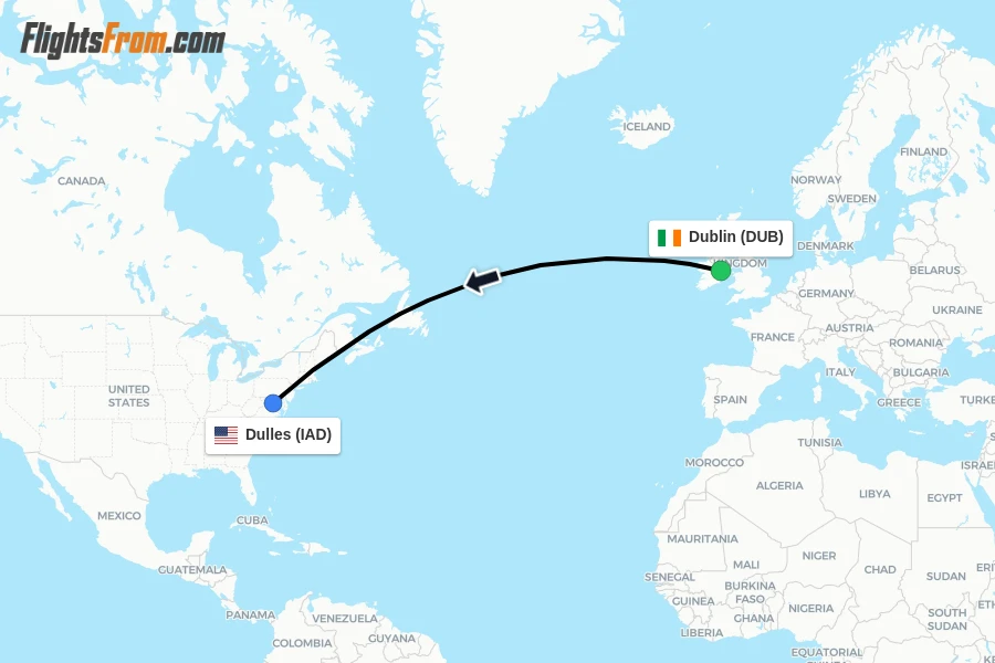 Flights from Dublin to Dulles route map