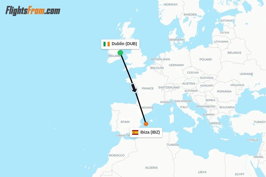 Flights from Dublin to Ibiza route map