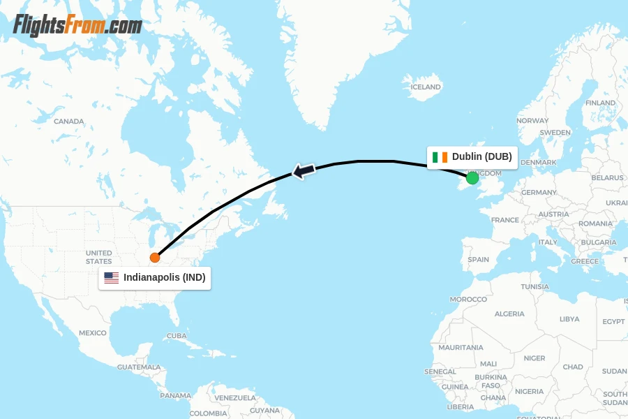 Flights from Dublin to Indianapolis route map