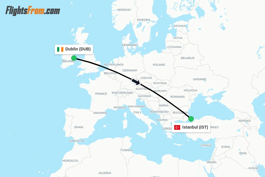 Flights from Dublin to Istanbul route map